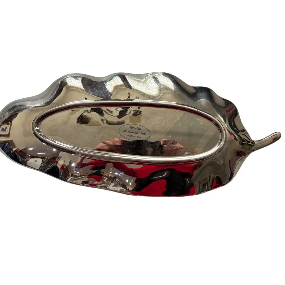 Silver Porcelain‎ Leaf Serving Tray Metallic Decorative Platter Dishwasher Safe